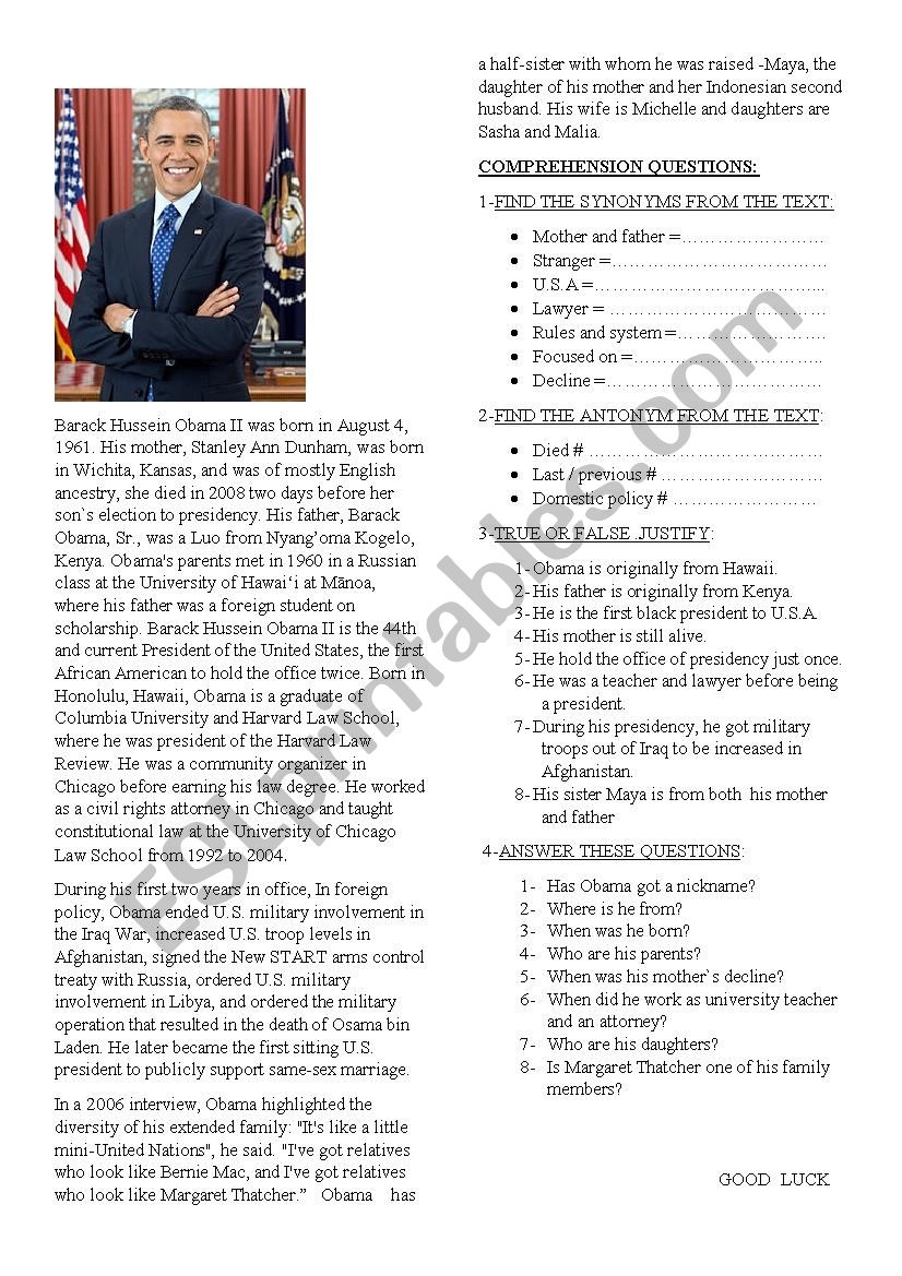 Barack Obama Reading Comprehension Worksheet