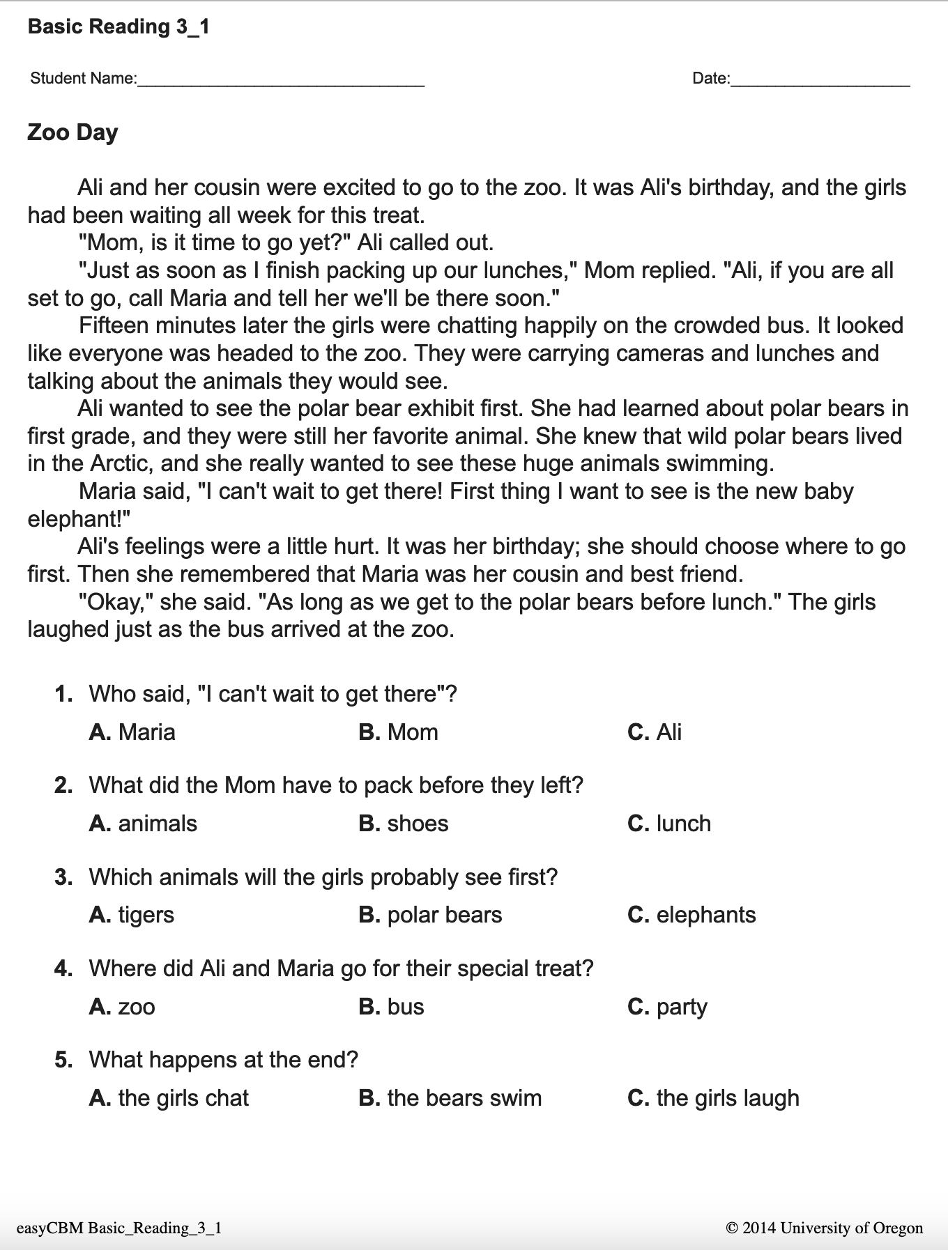 Basic Reading Tests EasyCBM