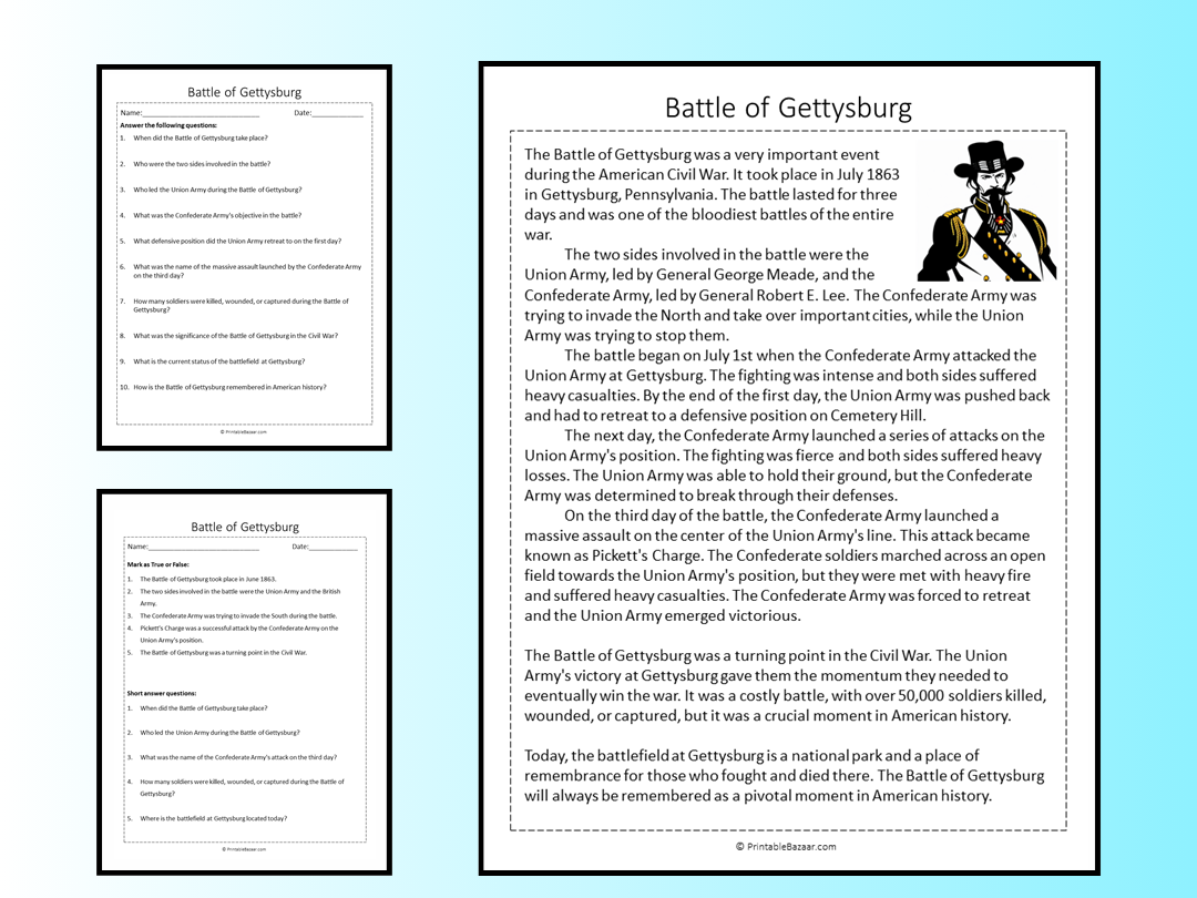 American Civil War Reading Comprehension Worksheets