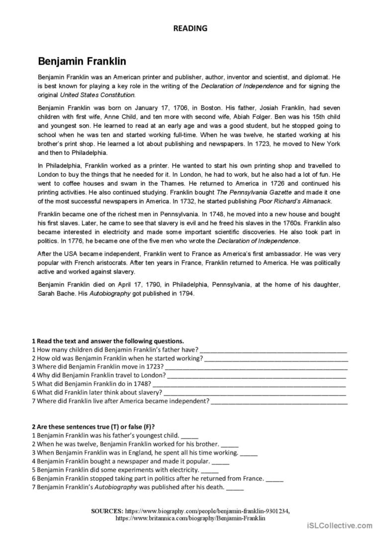 Benjamin Franklin Reading Reading English ESL Worksheets Pdf Doc