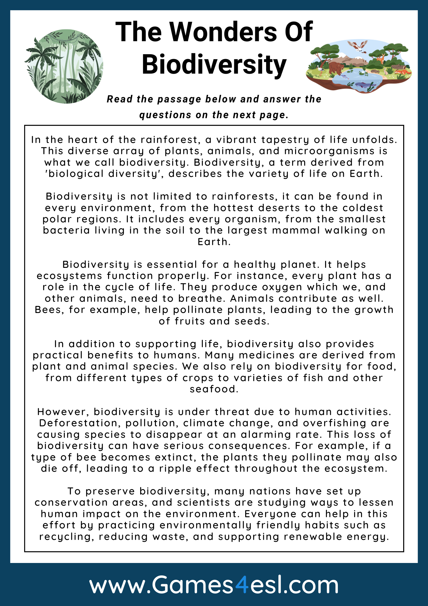 Biodiversity Reading Comprehension Games4esl