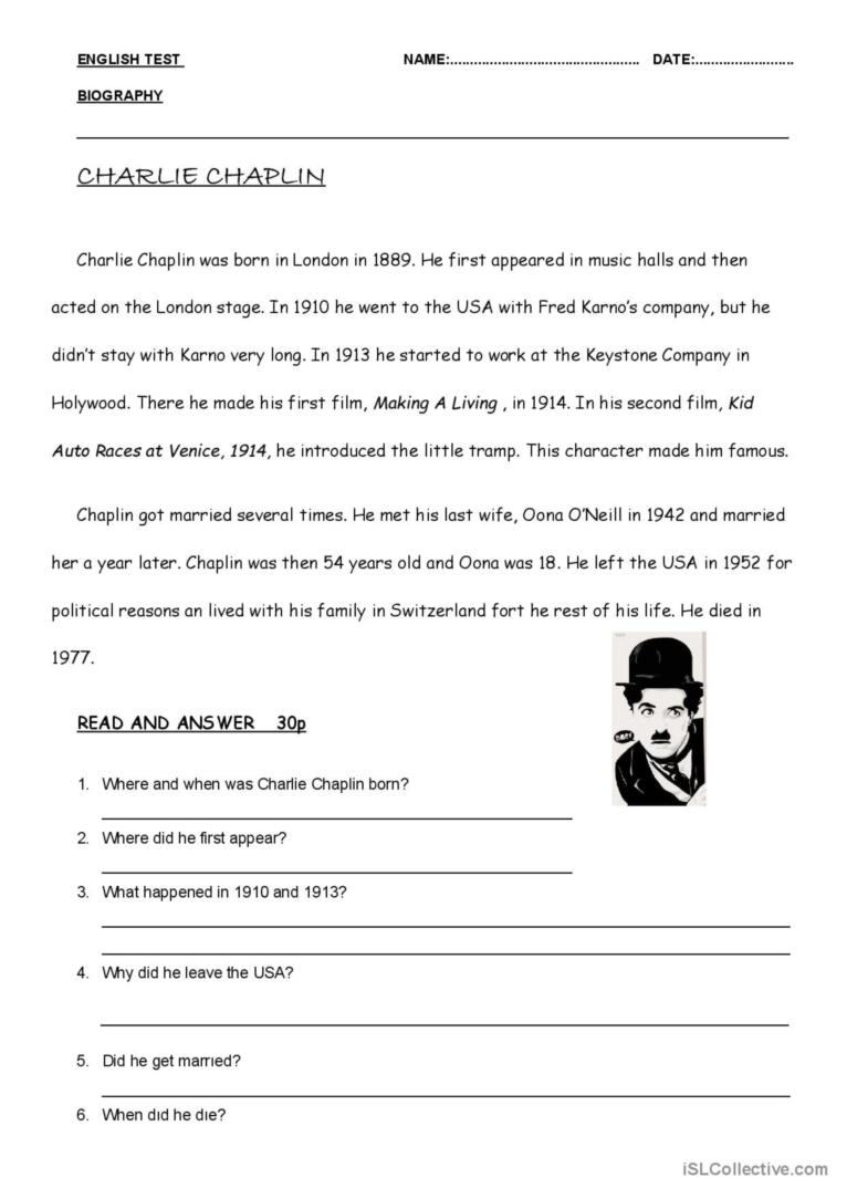 Autobiography Reading Comprehension Worksheets
