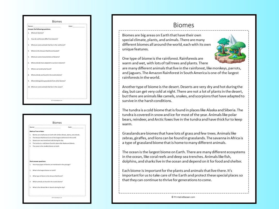Biomes Reading Comprehension Passage Printable Worksheet Teaching Resources