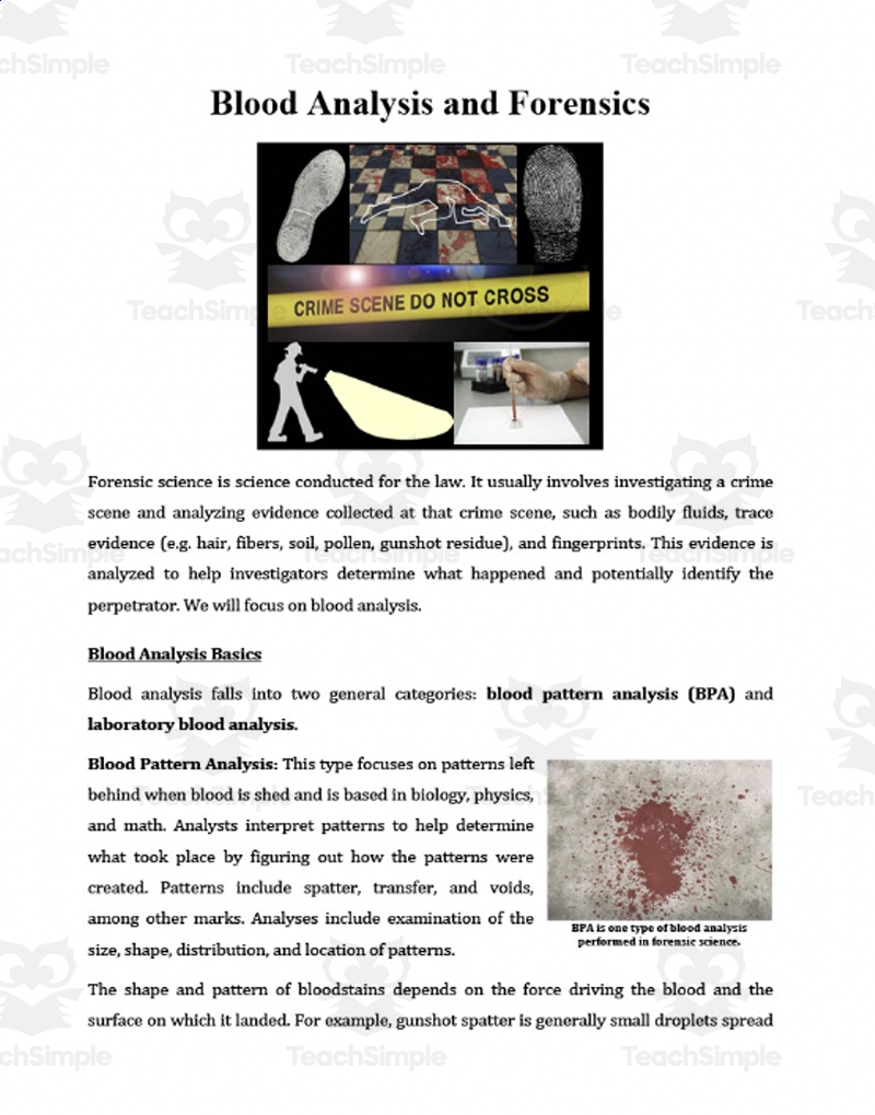 Blood Analysis And Forensics Reading Comprehension Article By Teach Simple