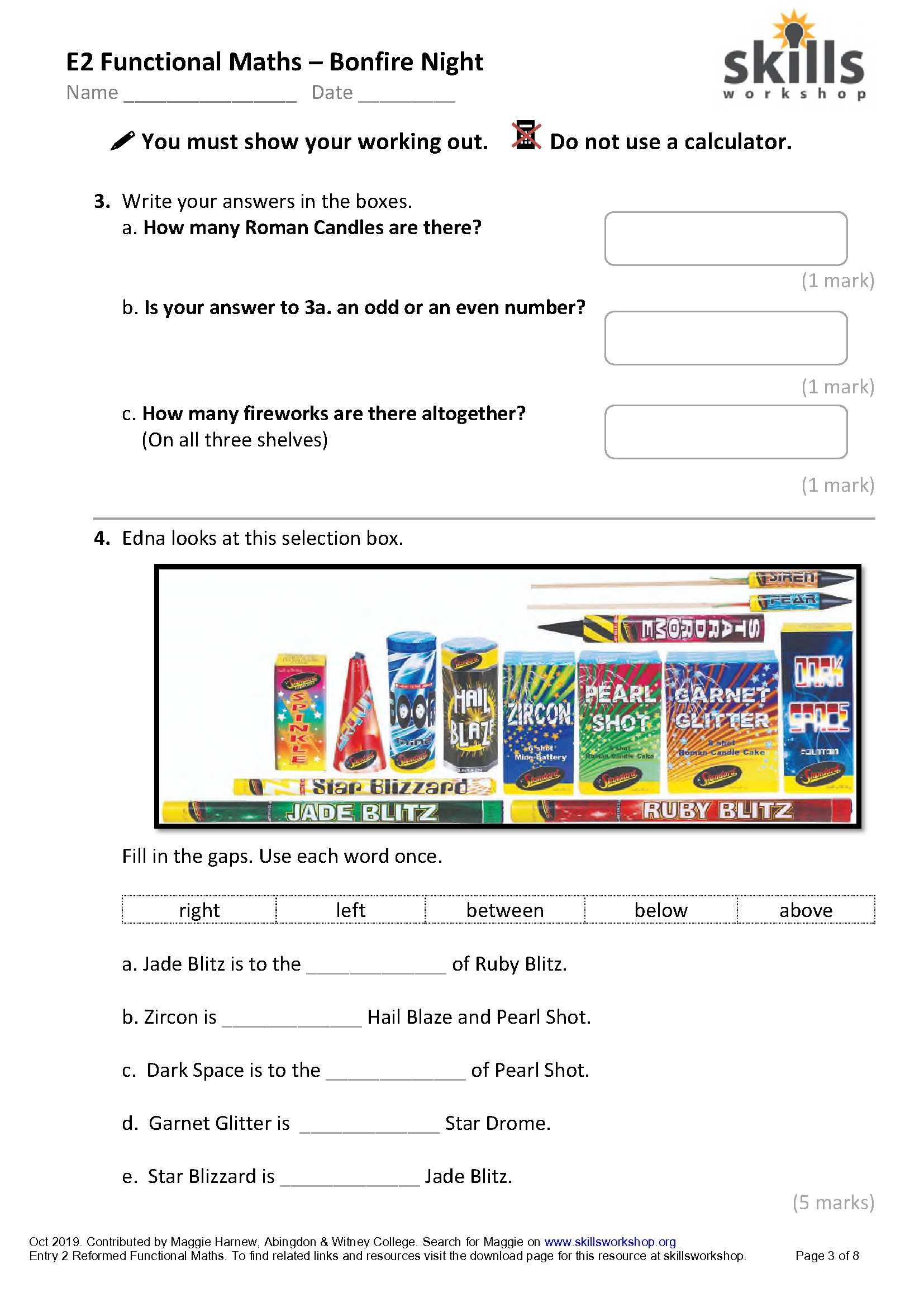 Bonfire Night Maths For Entry 2 Functional Skills Skillsworkshop