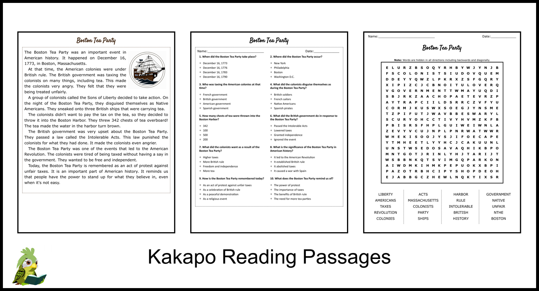 Boston Tea Party Reading Comprehension Worksheets