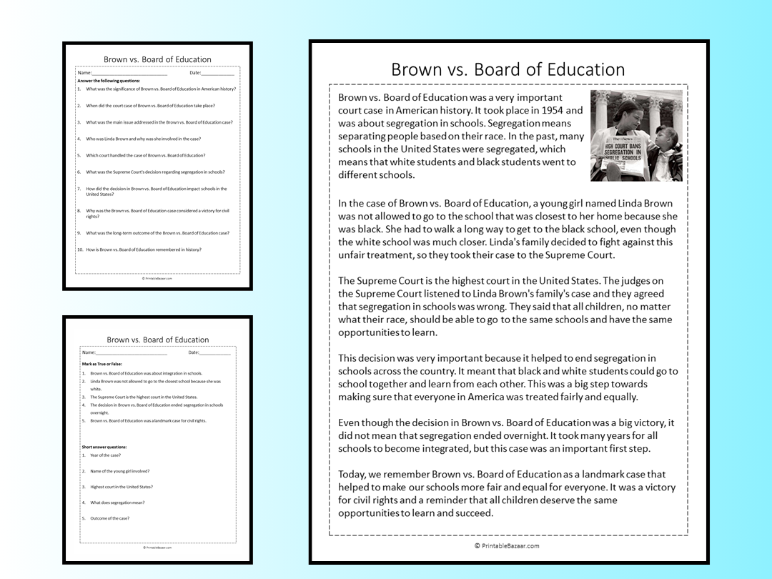 Brown Vs Board Of Education Reading Comprehension Passage Printable Worksheet Teaching Resources