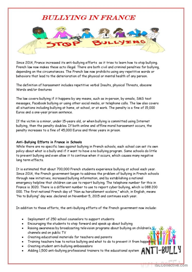 Bullying In France Reading For Detai English ESL Worksheets Pdf Doc