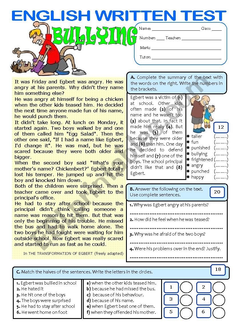 Free Bullying Reading Comprehension Worksheets