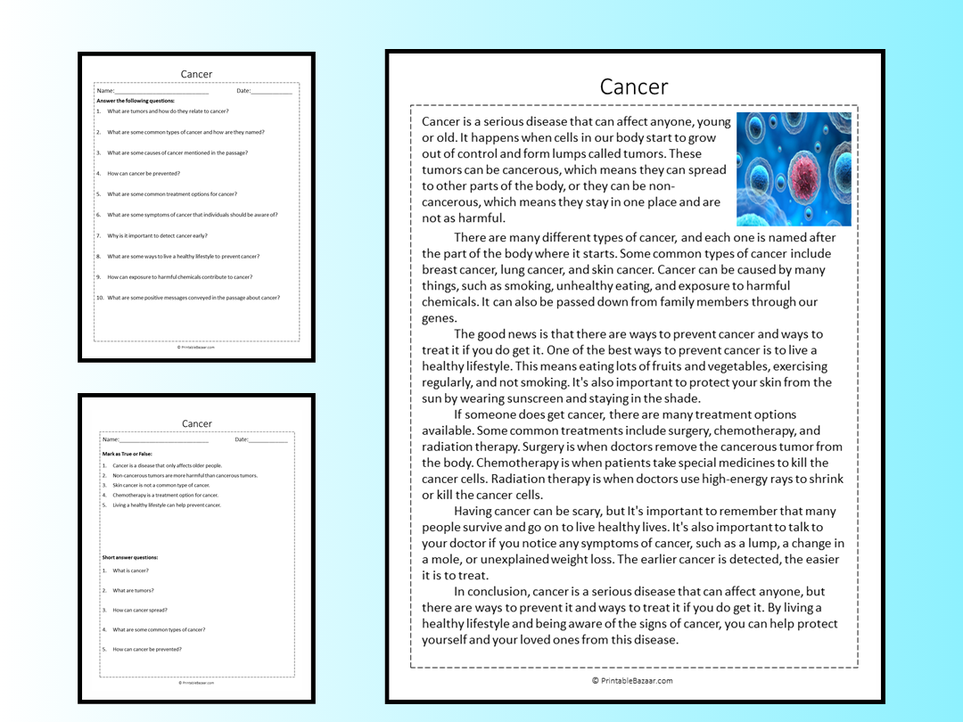 Cancer Reading Comprehension Passage Printable Worksheet Teaching Resources