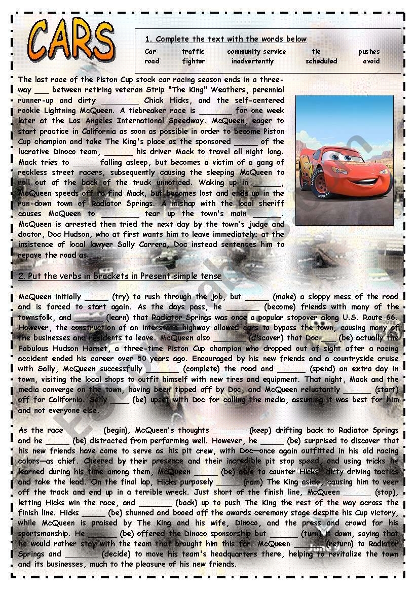 CARS I CLOZE PRESENT SIMPLE READING COMPREHENSION WRITING ESL Worksheet By Ironda