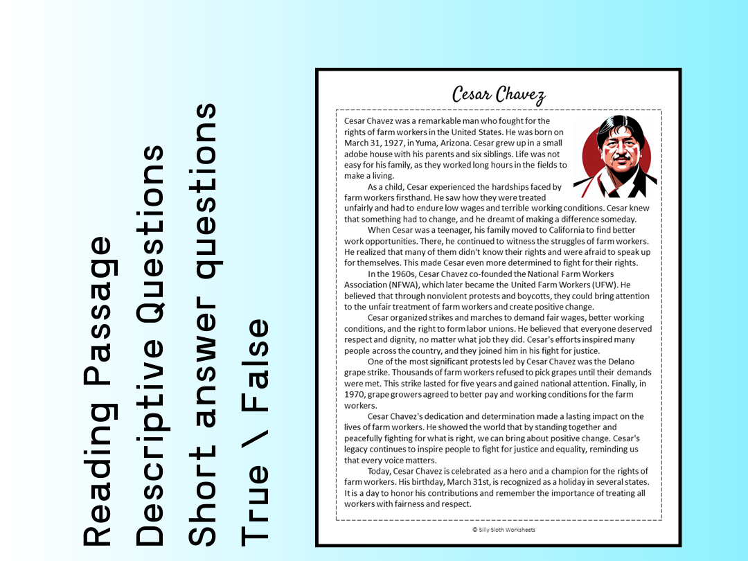 Cesar Chavez Biography Reading Comprehension Passage Printable Worksheet PDF Teaching Resources
