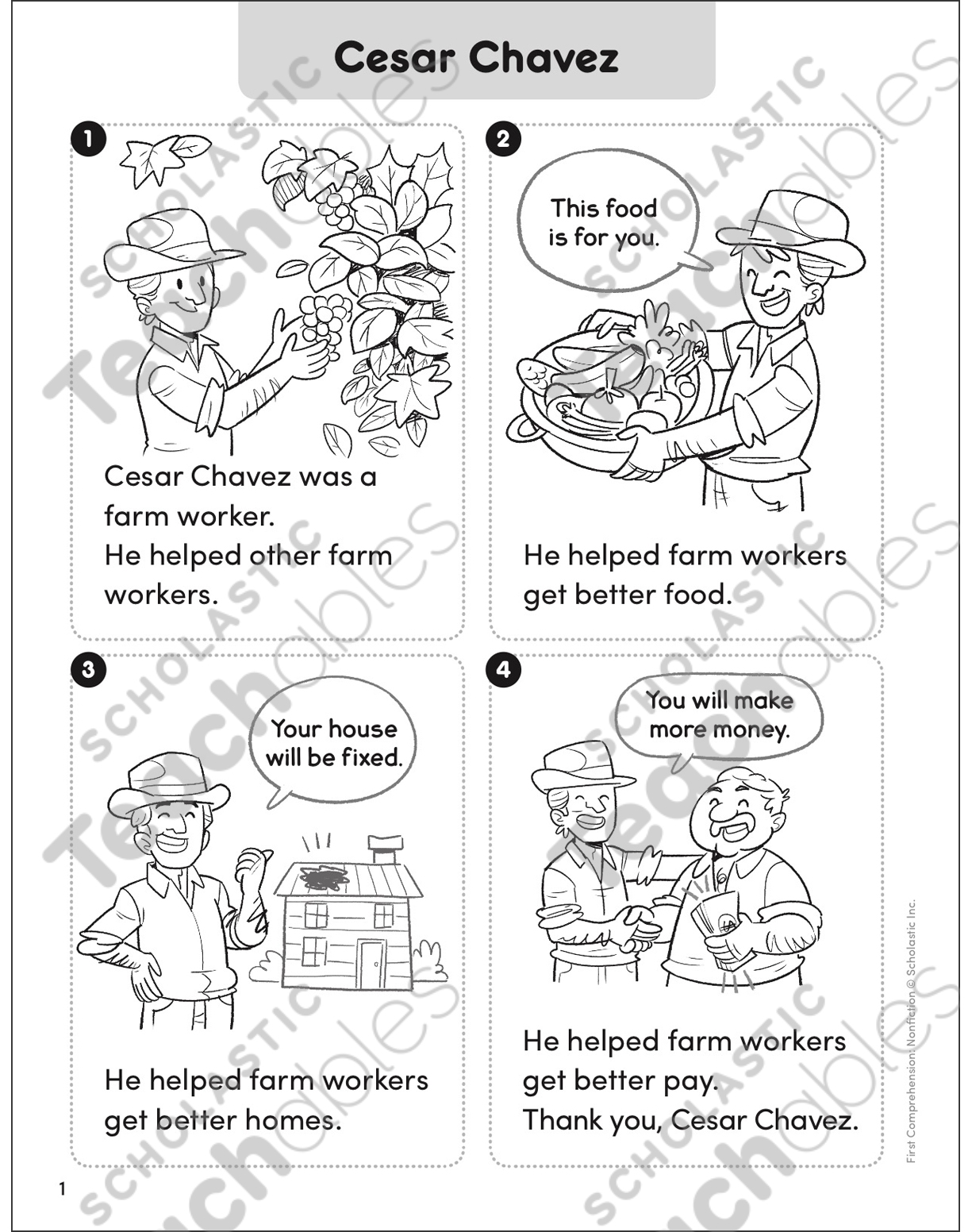 Cesar Chavez First Comprehension Nonfiction Printable Skills Sheets