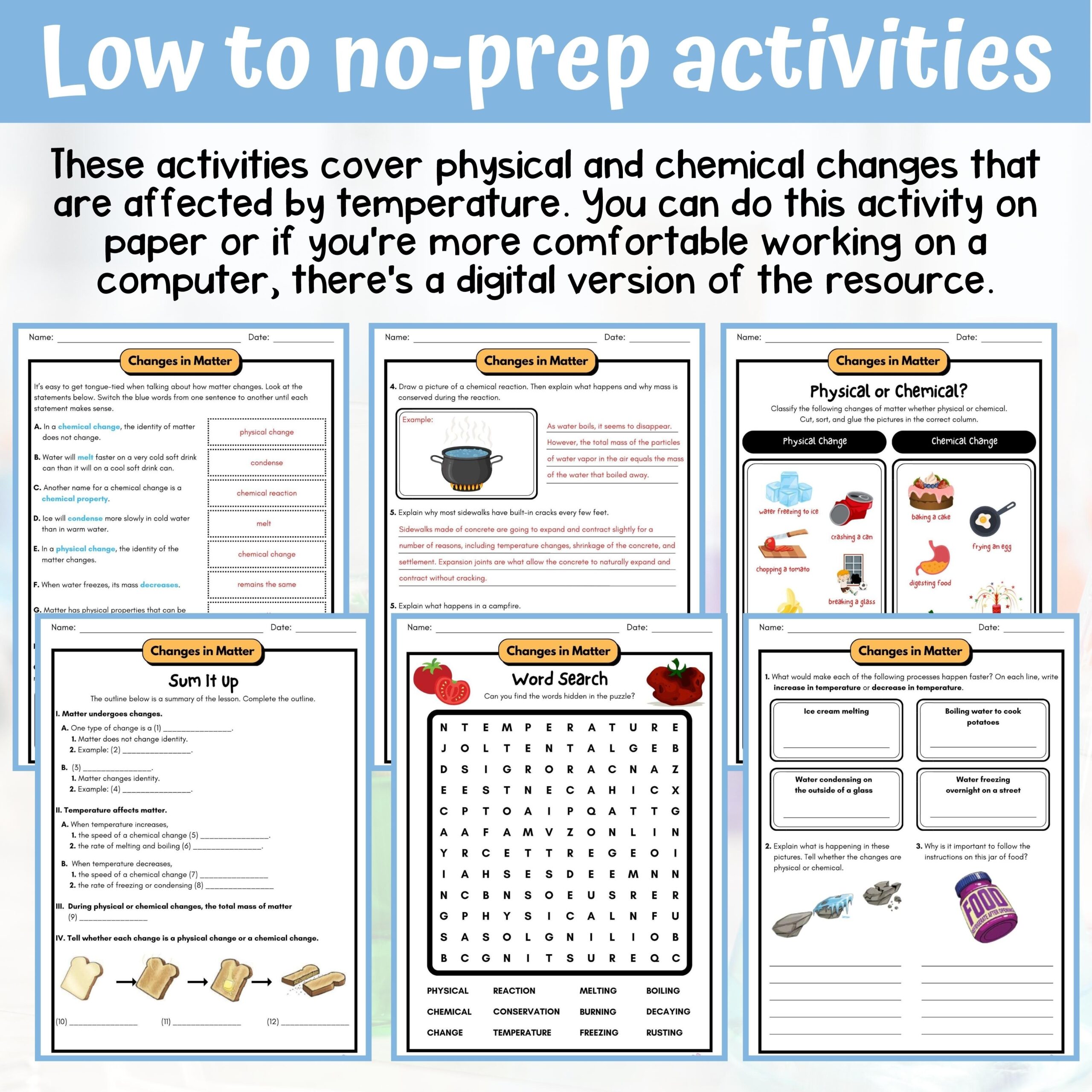 Changes In Matter Activity Answer Key 5th Grade Physical Science Classful