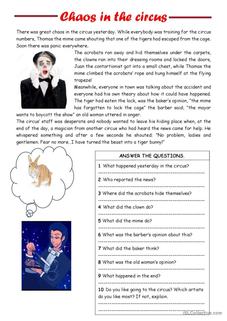 Chaos In The Circus Easy Reading F English ESL Worksheets Pdf Doc