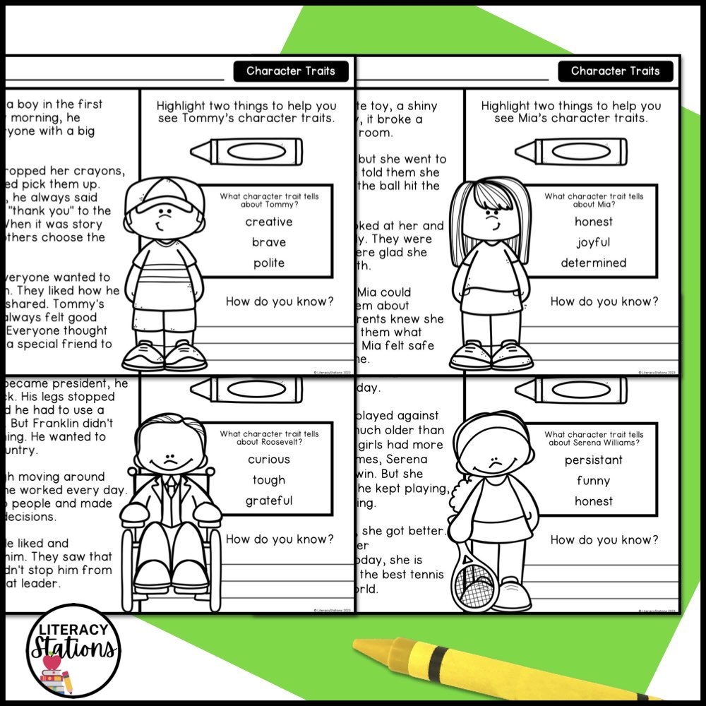 Character Traits Reading Passages Literacy Stations