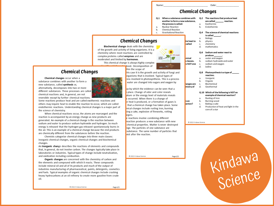 Chemical Reactions Reading Comprehension Worksheet