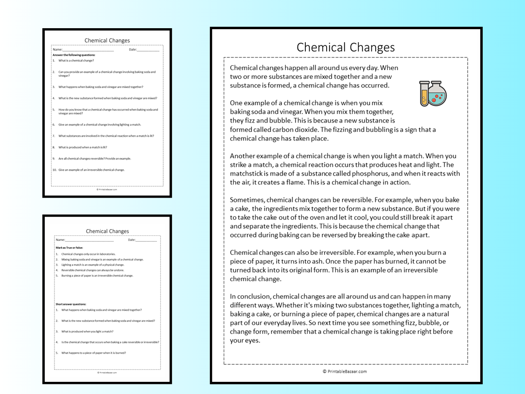 Chemical Changes Reading Comprehension Passage Printable Worksheet Teaching Resources
