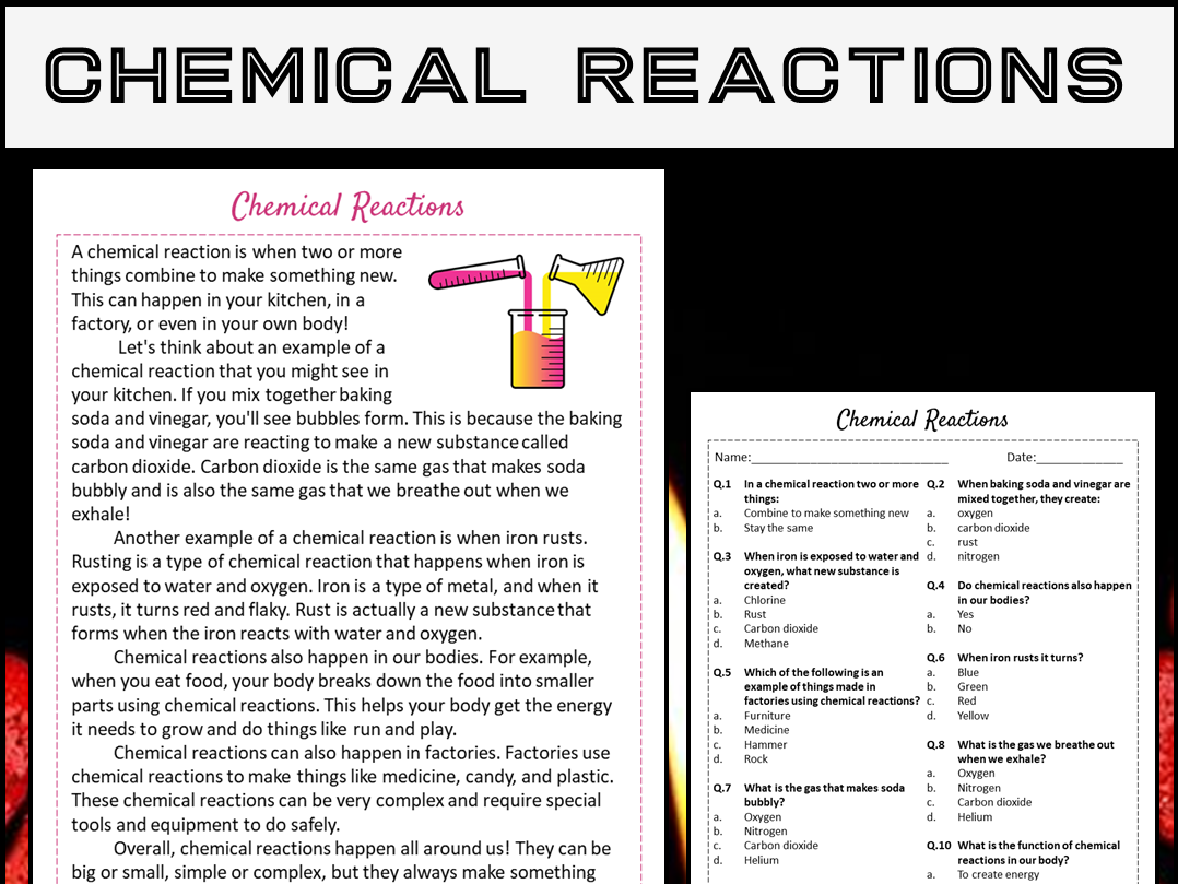 Chemical Reactions Reading Comprehension Passage And Questions PDF Teaching Resources