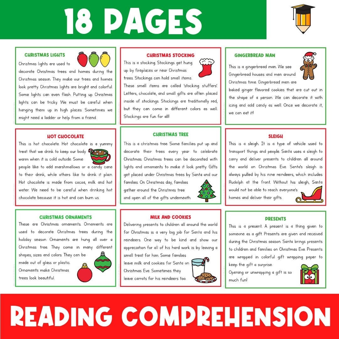 CHRISTMAS READING COMPREHENSION Christmas Worksheets Reading And Writing Preschool Kindergarten Grade One Literacy Centers Etsy