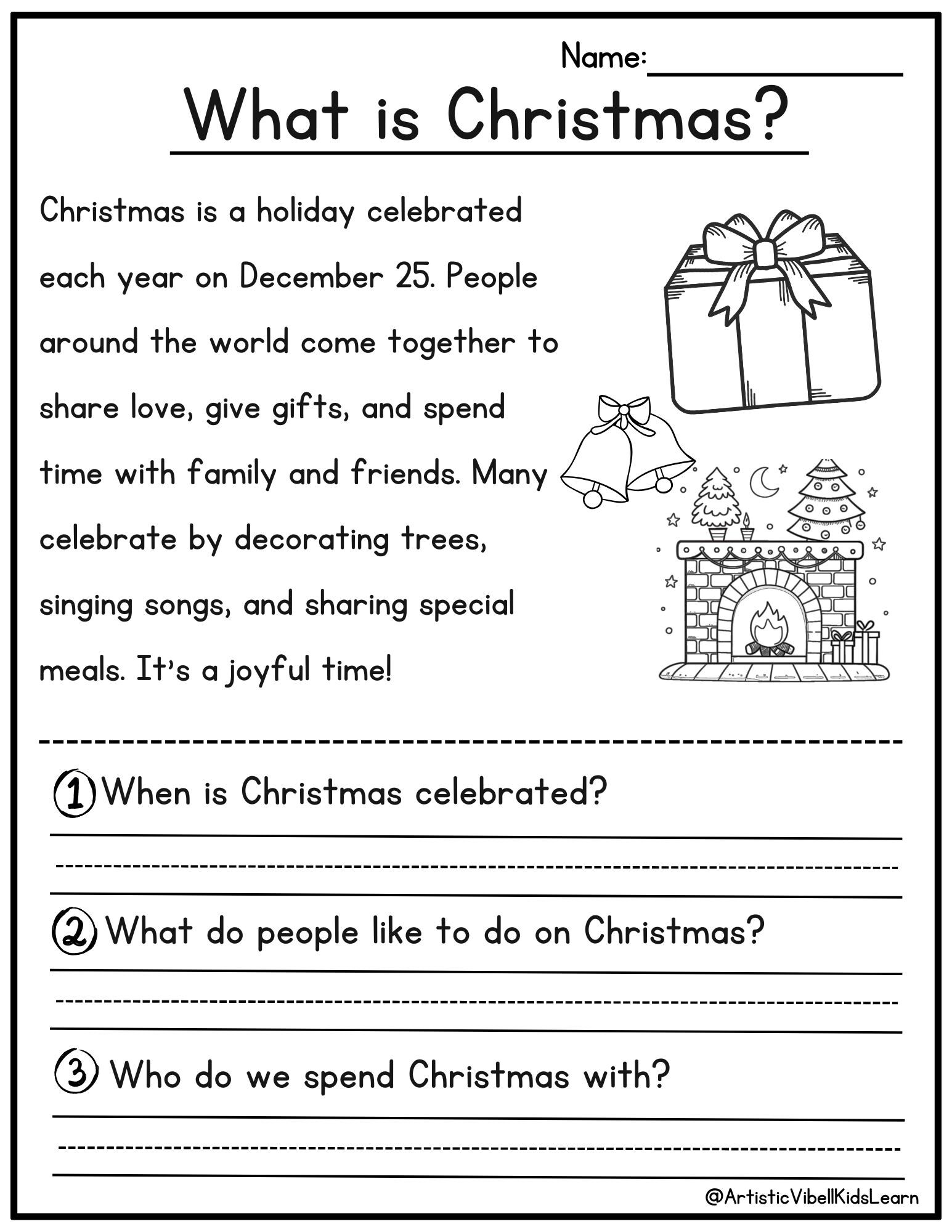 Christmas Reading Comprehension Printable Kindergarten First Grade Worksheets Instant Download Fluency Worksheet English Learing Etsy