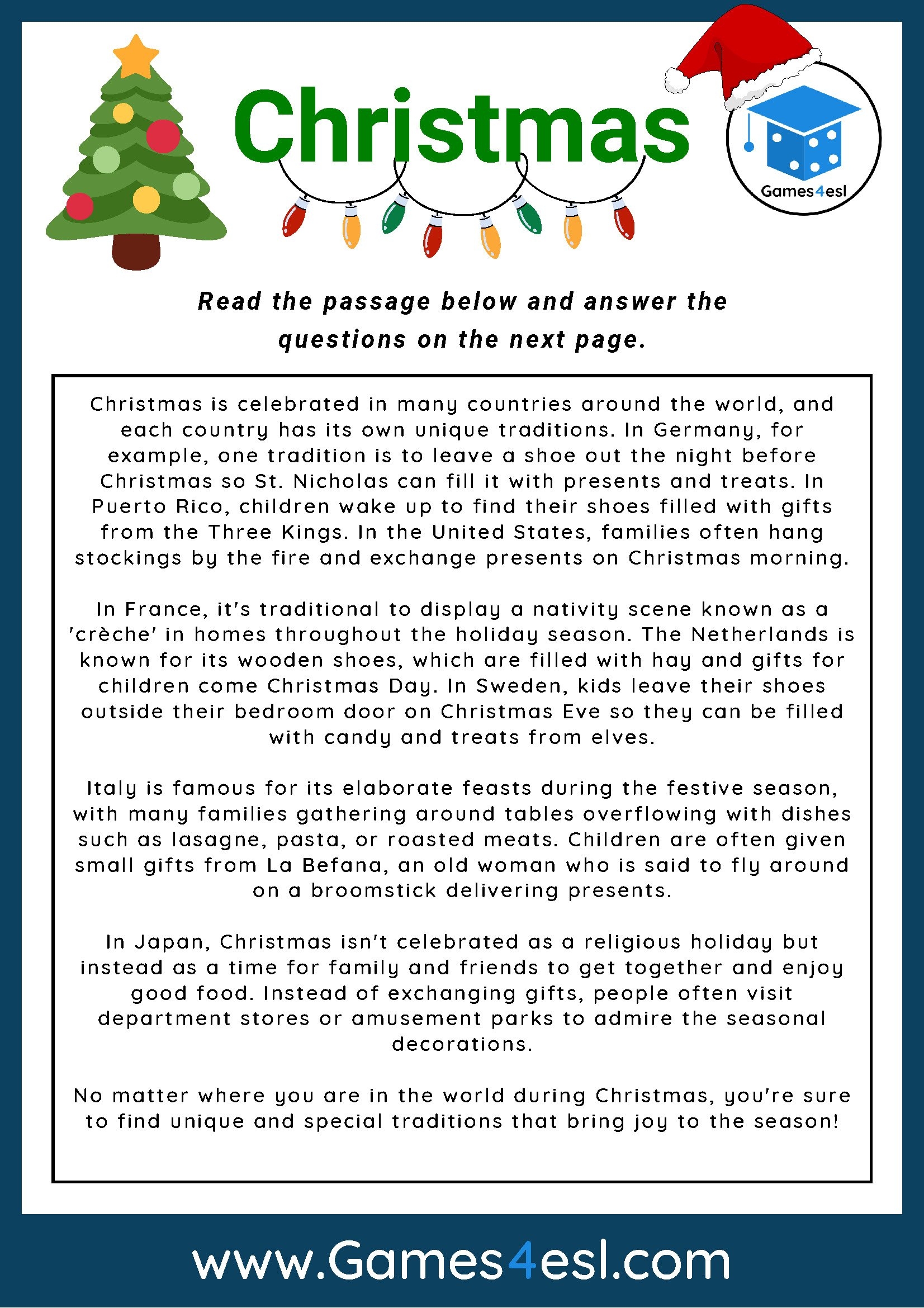 Christmas Reading Comprehension Worksheet Games4esl