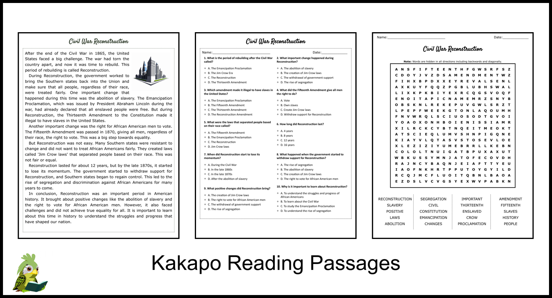 Civil War Reconstruction Reading Comprehension And Word Search Teaching Resources