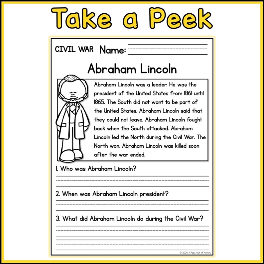 Civil War Social Studies Reading Comprehension Passages K 2 Made By Teachers