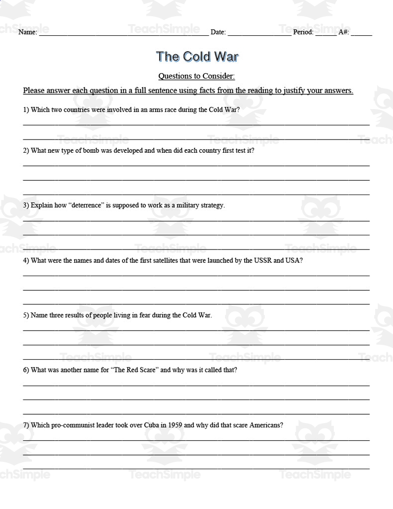 Cold War Reading Comprehension Worksheets