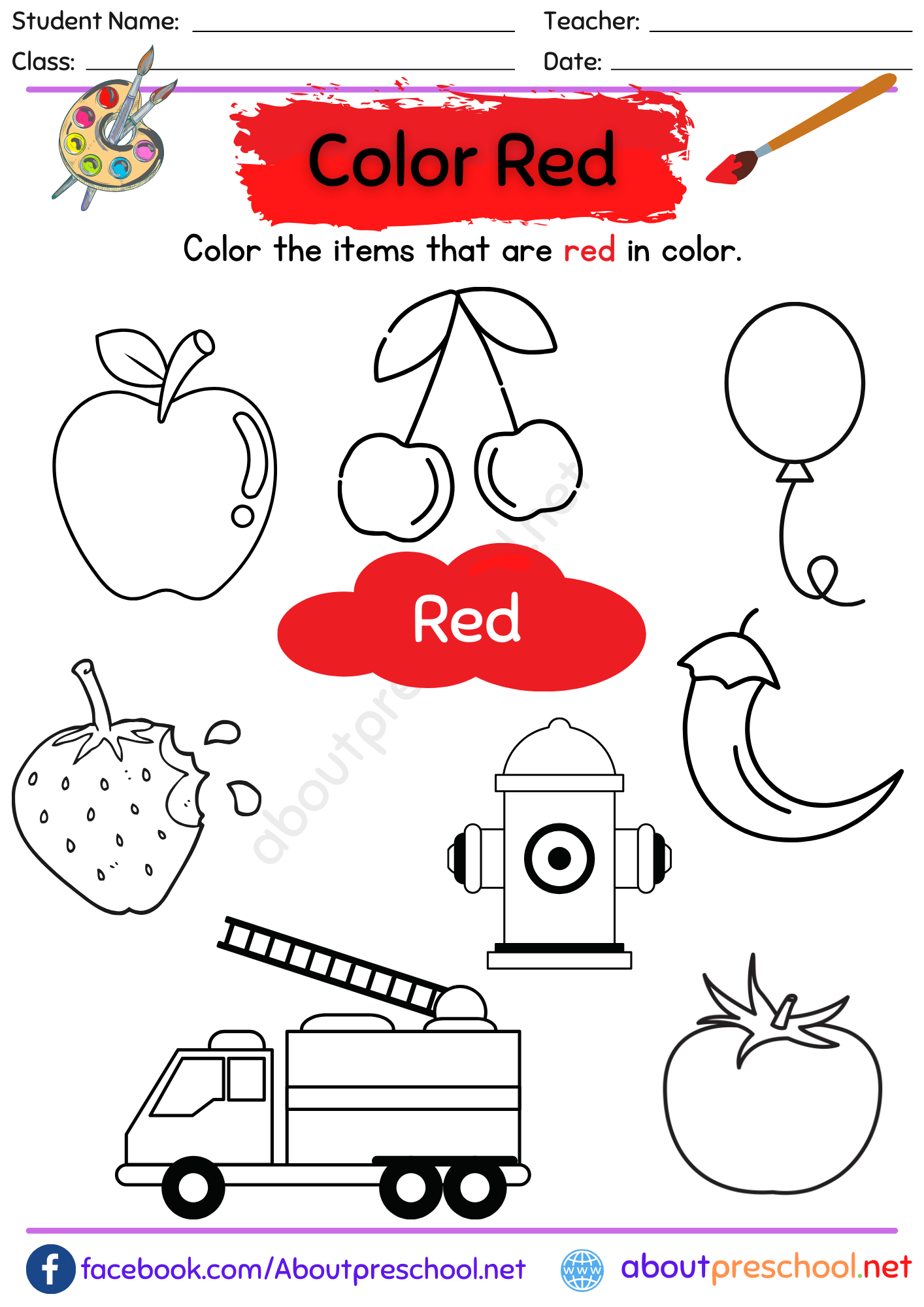 Color Red Free Printable Worksheets