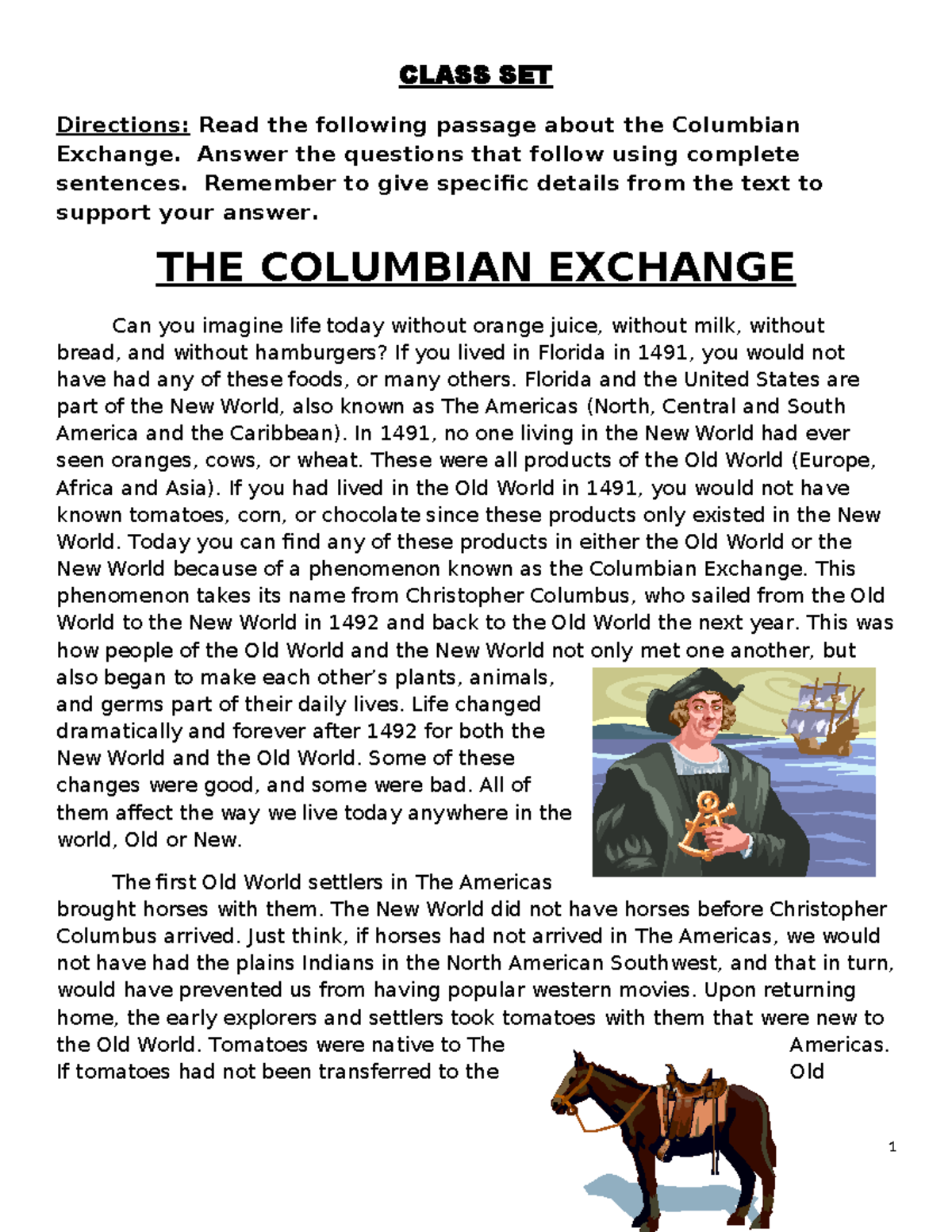 Columbian Exchange Reading Comprehension 1 Copy CLASS SET Directions Read The Following Passage Studocu