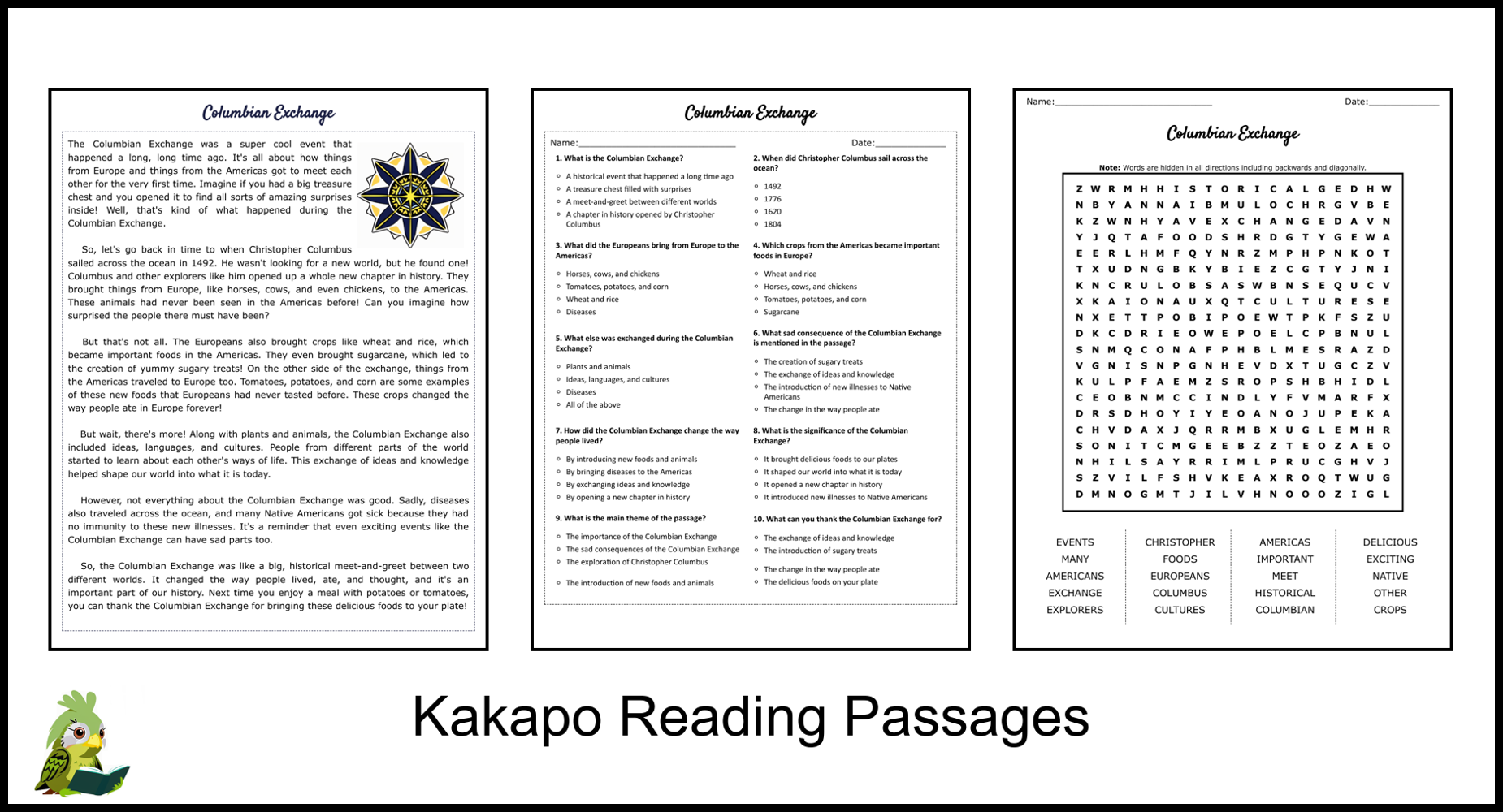 Columbian Exchange Reading Comprehension And Word Search Teaching Resources
