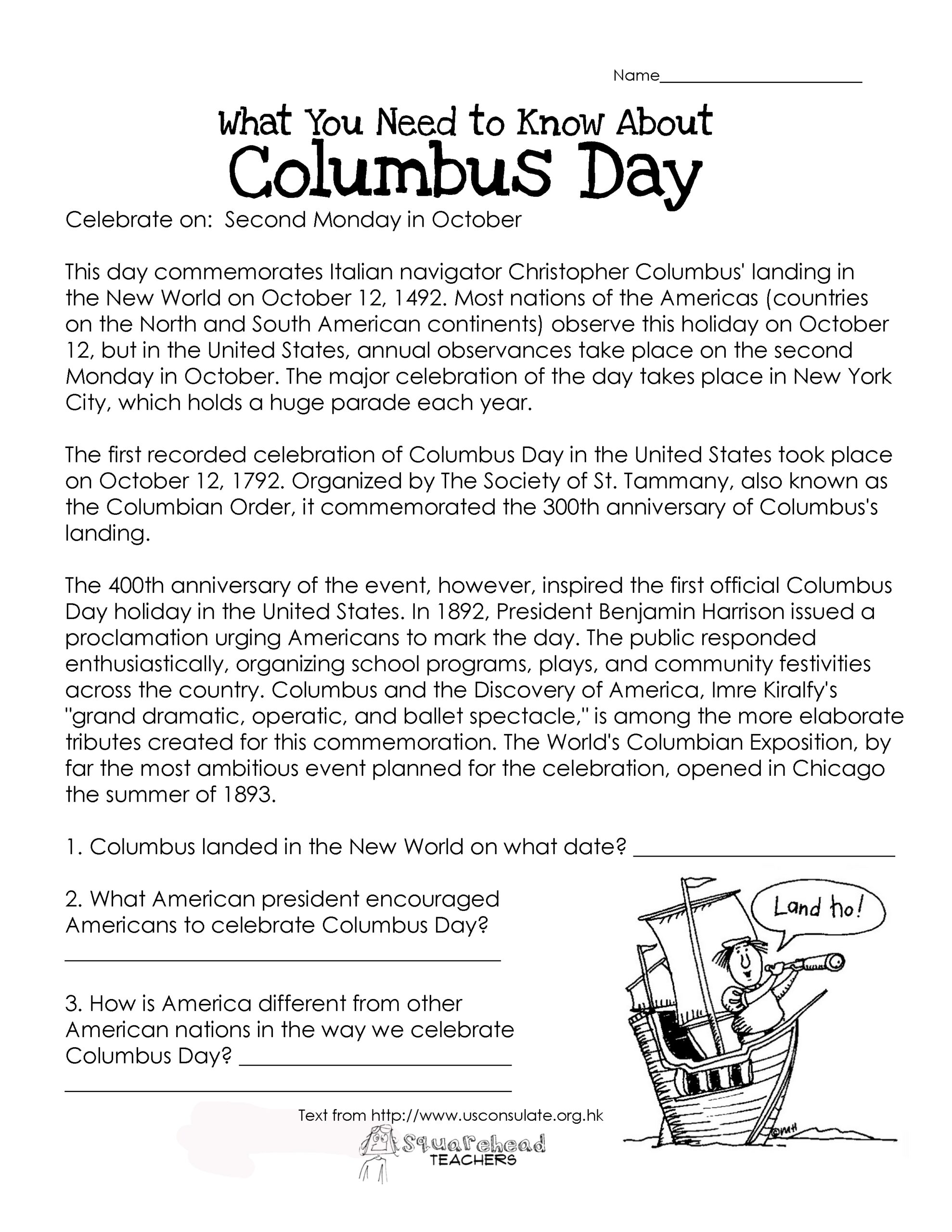 Columbus Day free Worksheet Christopher Columbus Worksheets History Worksheets Reading Comprehension Worksheets