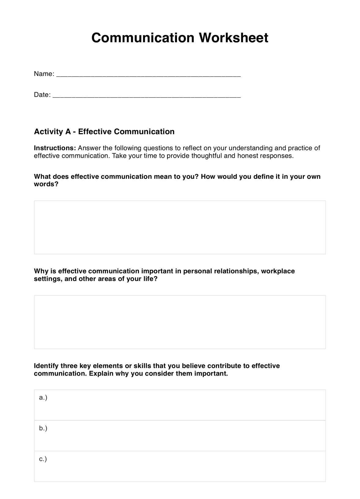 Communication Worksheet Example Free PDF Download