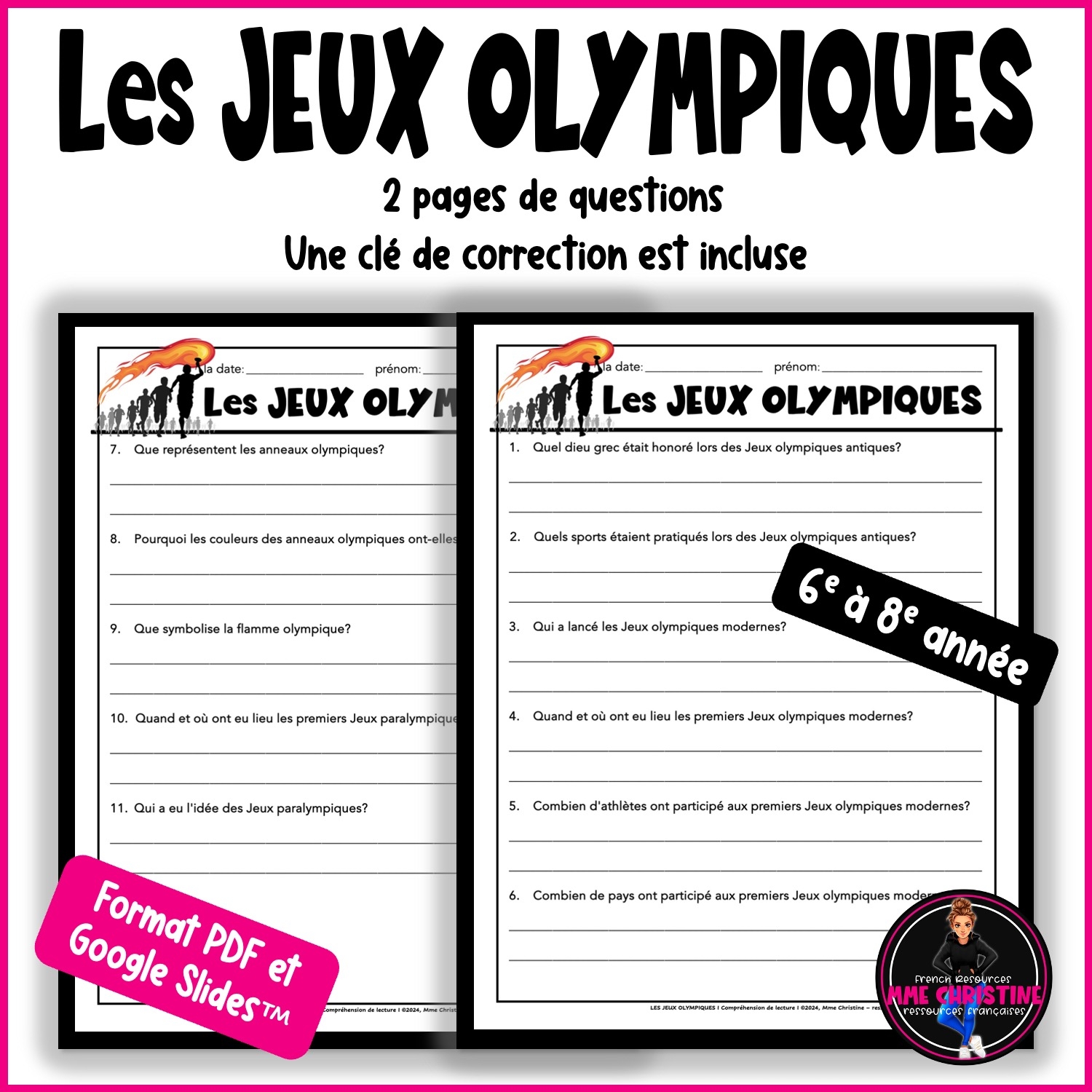 Compr hension De Lecture Les JEUX OLYMPIQUES French Reading Comprehension Mme Christine Ressources Fran aises French Resources