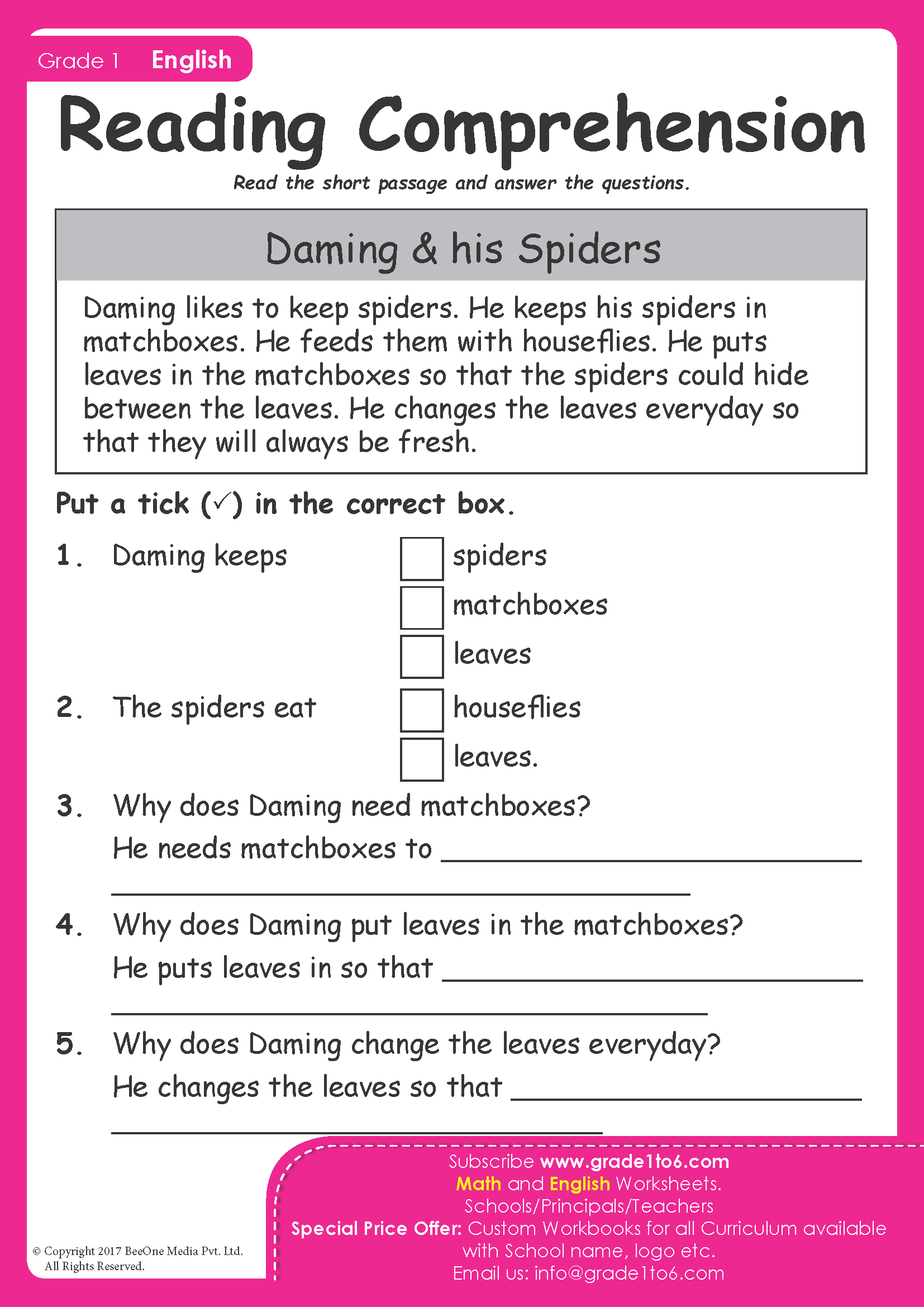 Grade 1 English Reading Comprehension Worksheets