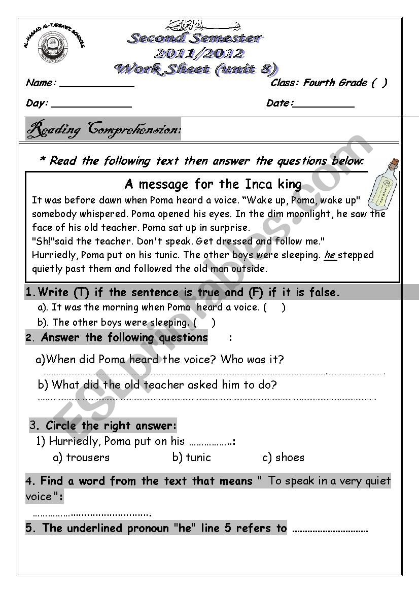Esl Reading Comprehension Worksheets Grade 4 Esl Reading Comprehension Worksheets Grade 4