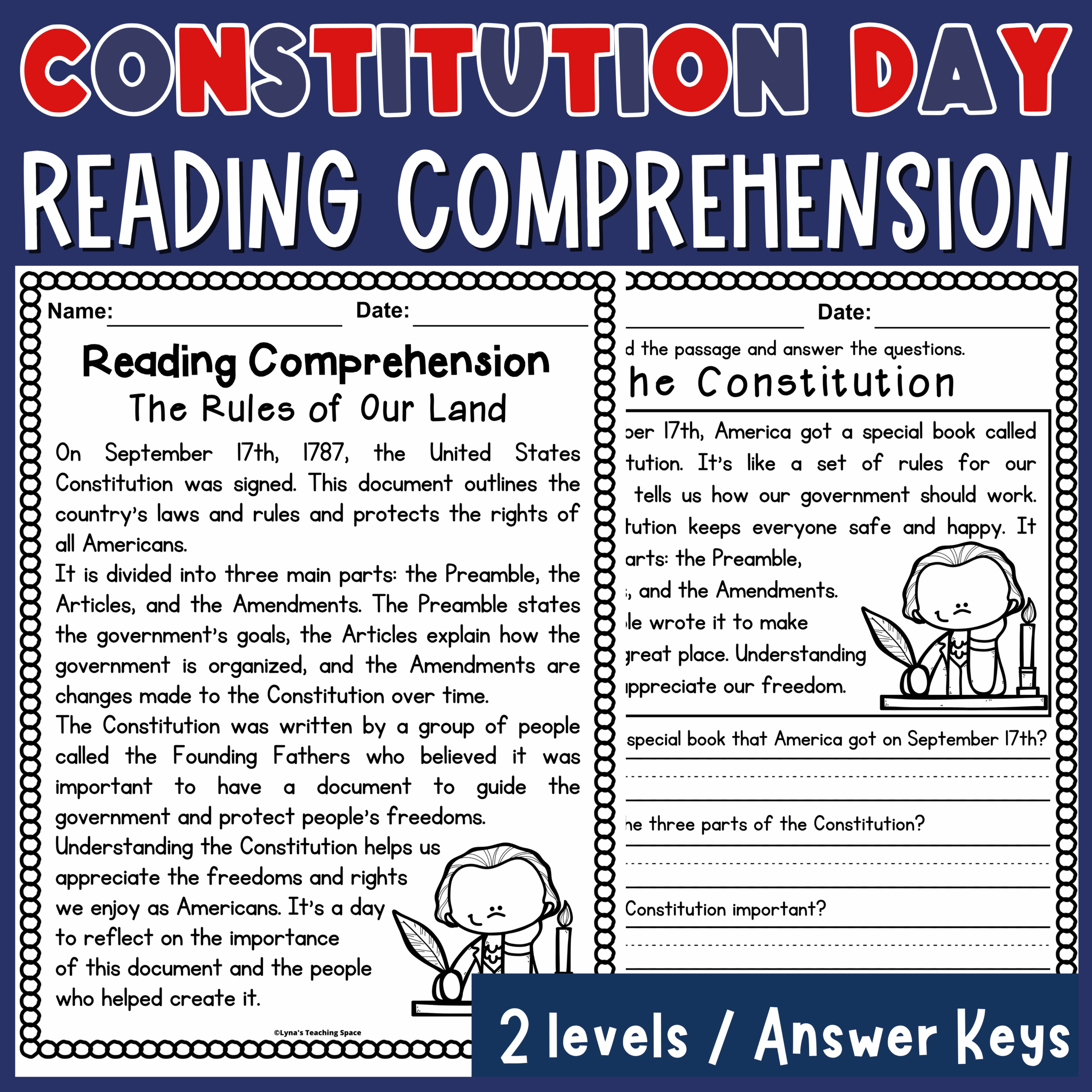 Constitution Day Reading Comprehension Passages Questions 2 Levels Made By Teachers