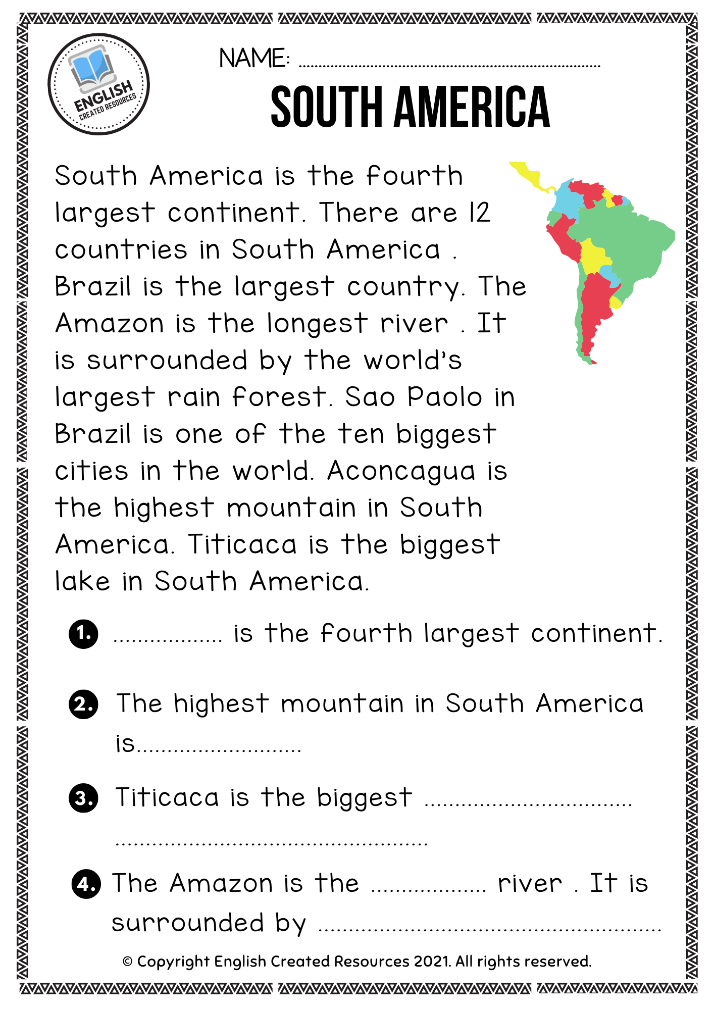 Continents Reading Comprehension English Created Resources