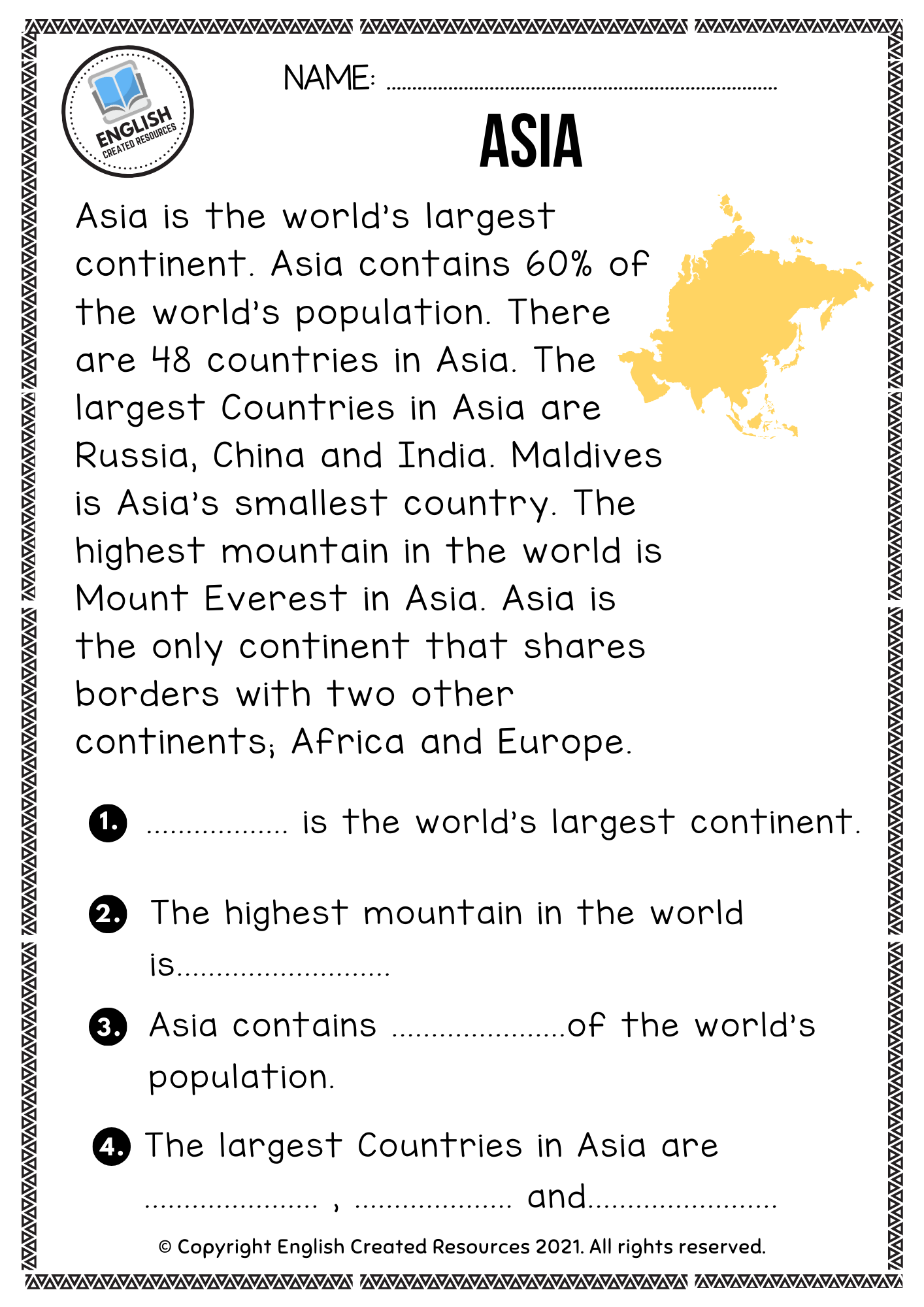 Continents Reading Comprehension English Created Resources