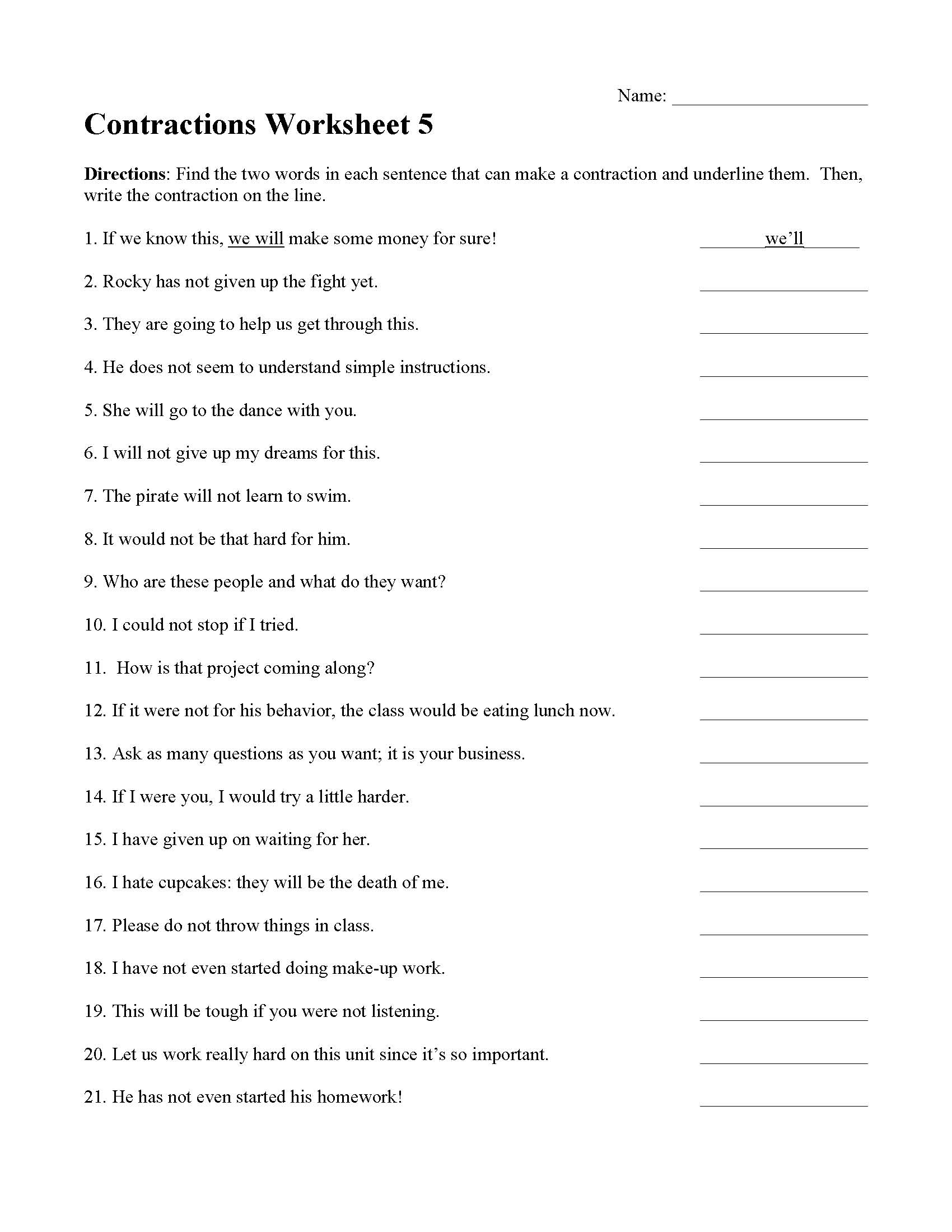 Free Printable Worksheets Contraction