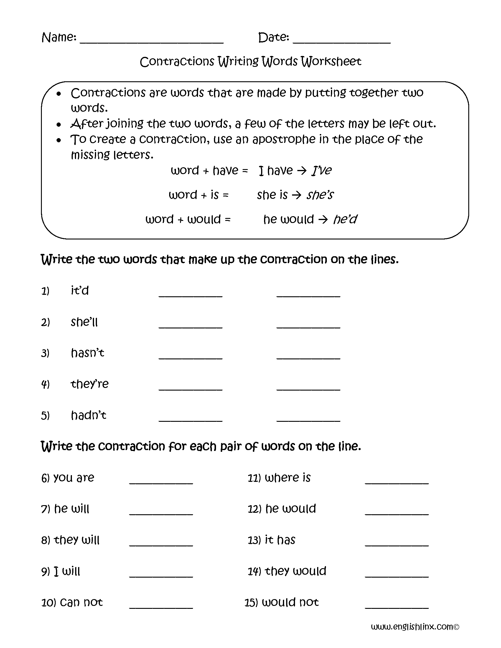Contractions Worksheets Contraction Words Worksheets Worksheets Library