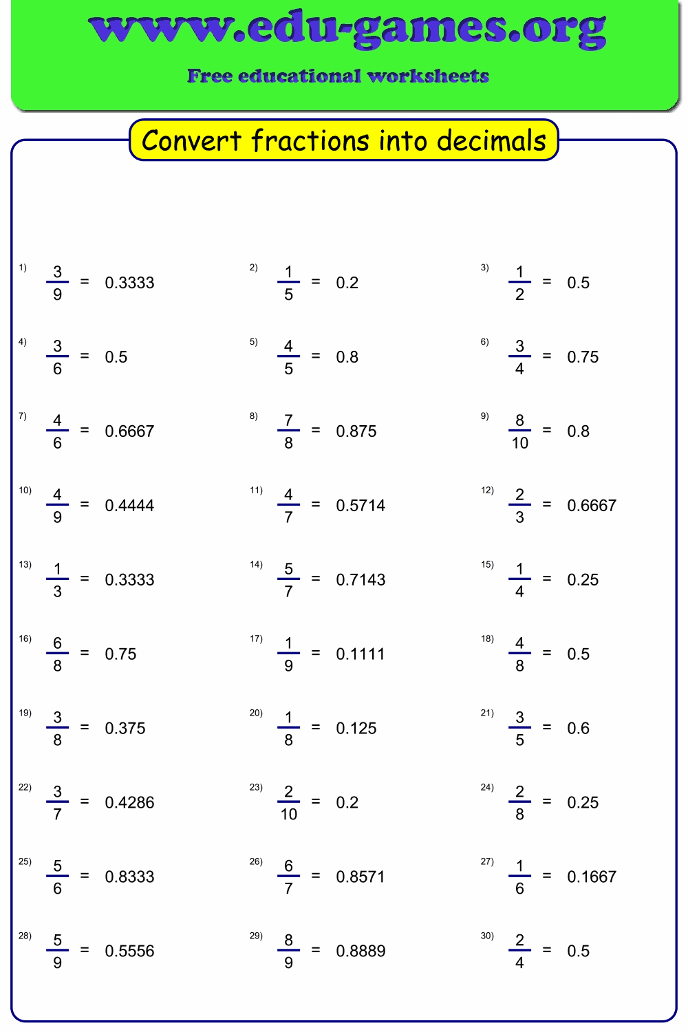 Fractions To Decimals Free Printable Worksheets