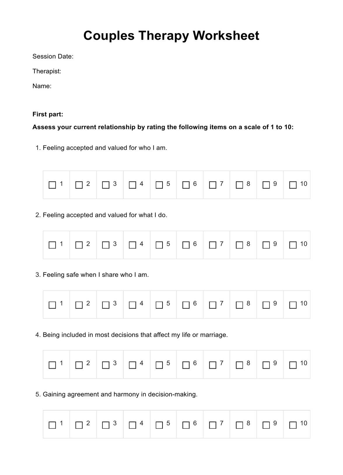 Couples Therapy Worksheet Example Free PDF Download