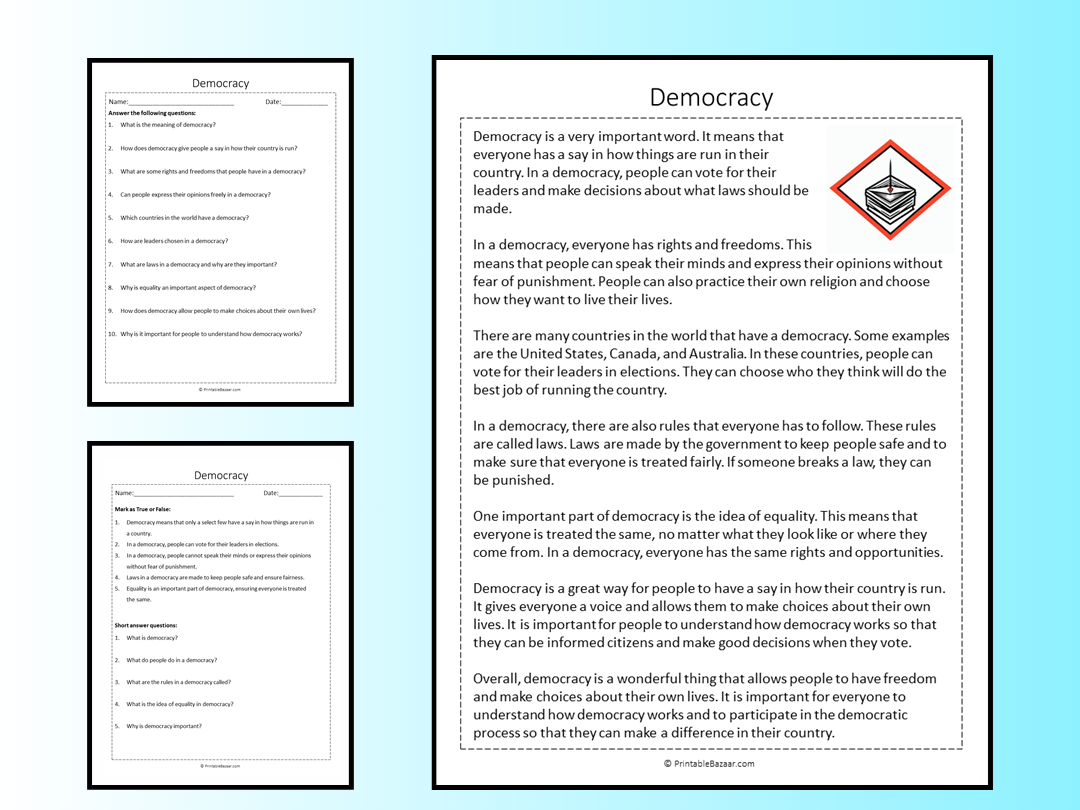 Democracy Reading Comprehension Passage Printable Worksheet Teaching Resources