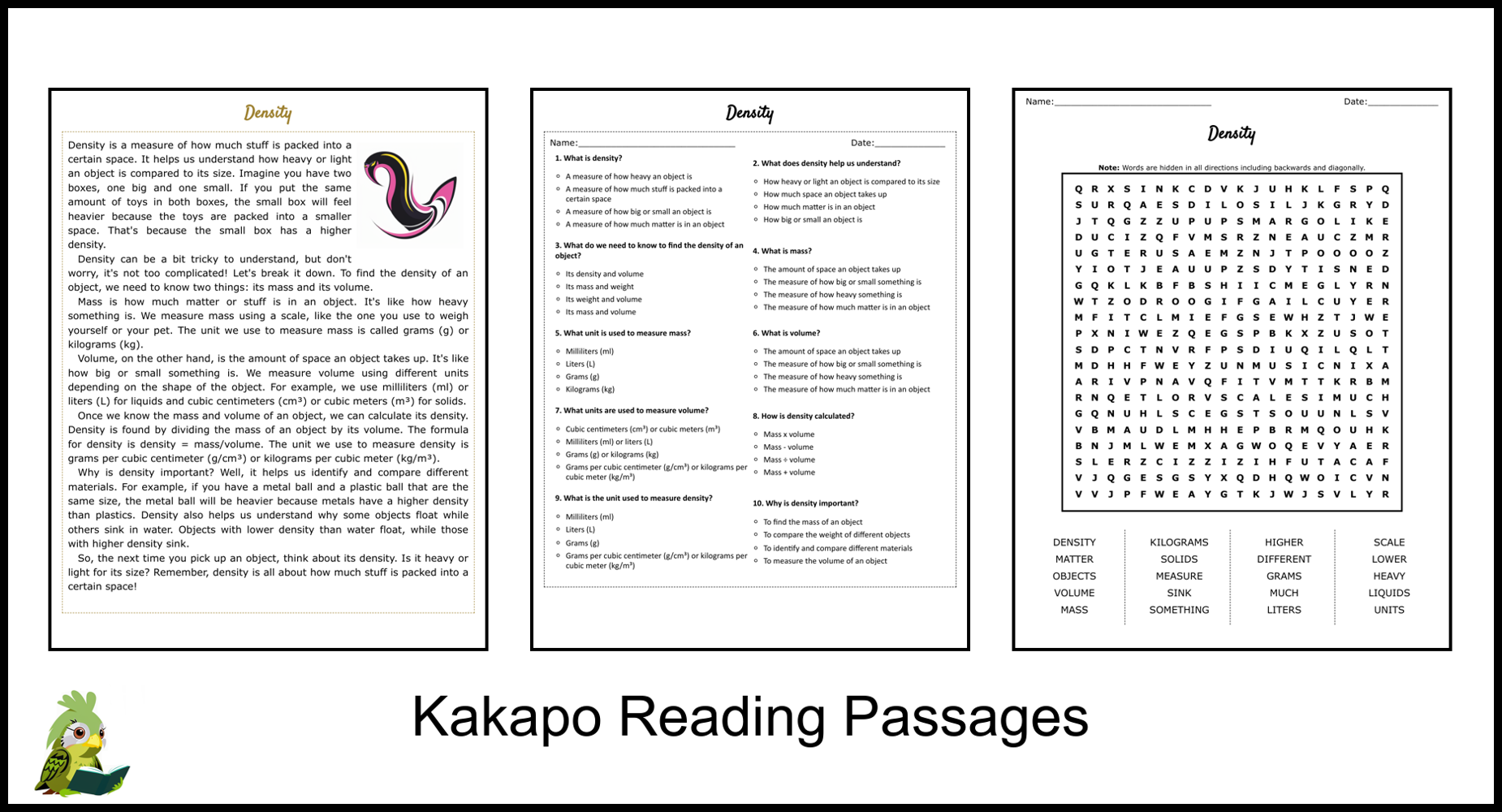 Density Reading Comprehension And Word Search Teaching Resources