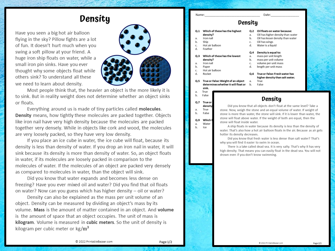 Density Reading Comprehension Passage And Questions PDF Teaching Resources