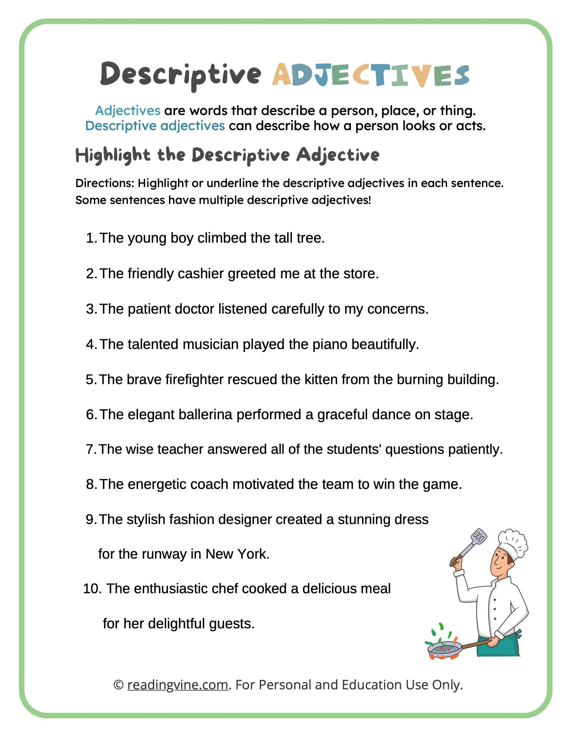 Adjective Reading Comprehension Worksheet Pdf