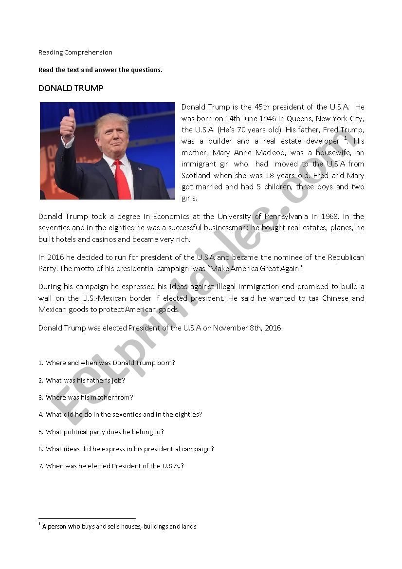 Donald Trump Biography ESL Worksheet By Emarebe