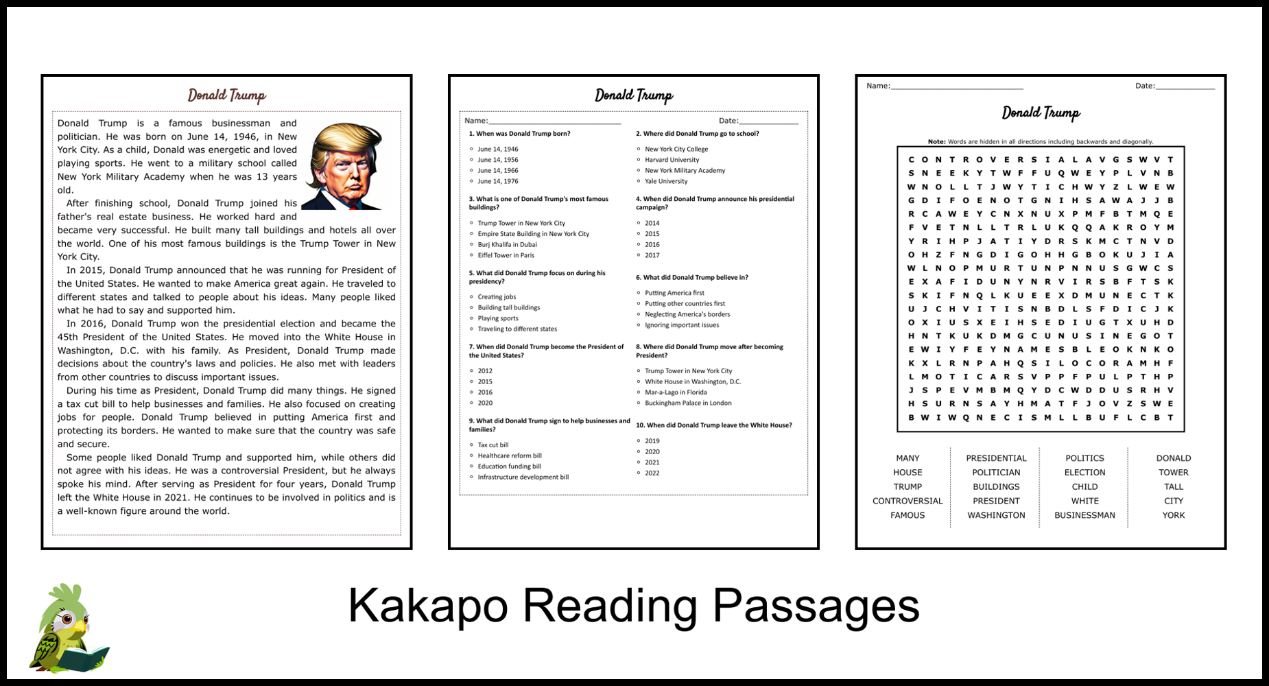 Donald Trump Reading Comprehension Worksheet